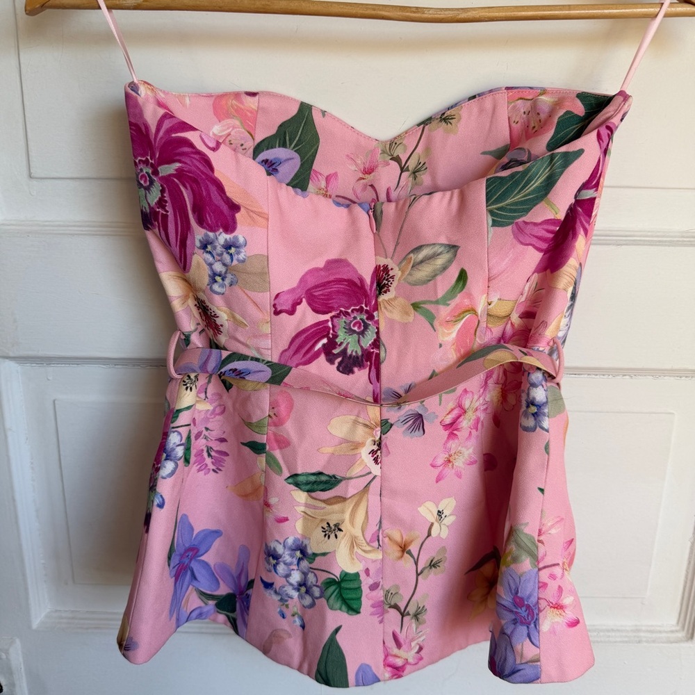Zara Floral Sweetheart Corset Top Belted Bardot Pink NWT XS - Picture 6 of 10